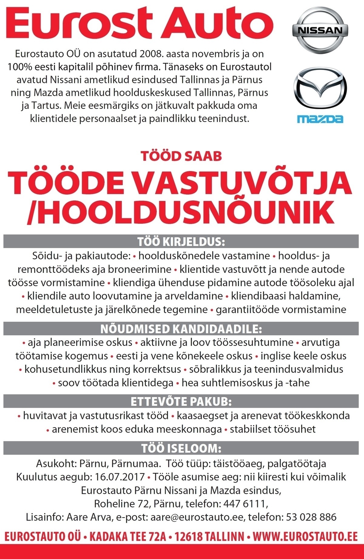 Eurostauto OÜ Tööde vastuvõtja/hooldusnõunik (Pärnu esinduses)