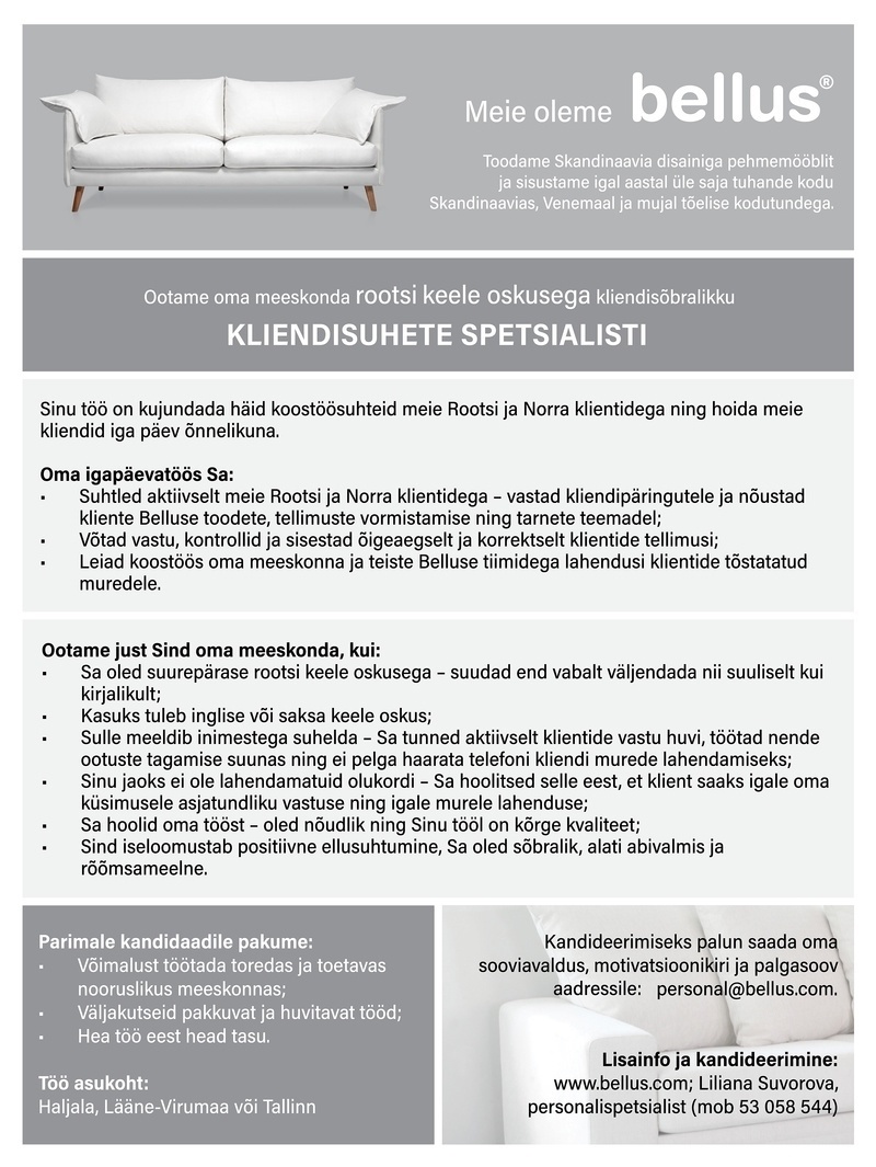 Bellus Furniture OÜ Kliendisuhete spetsialist (rootsi keele oskusega)