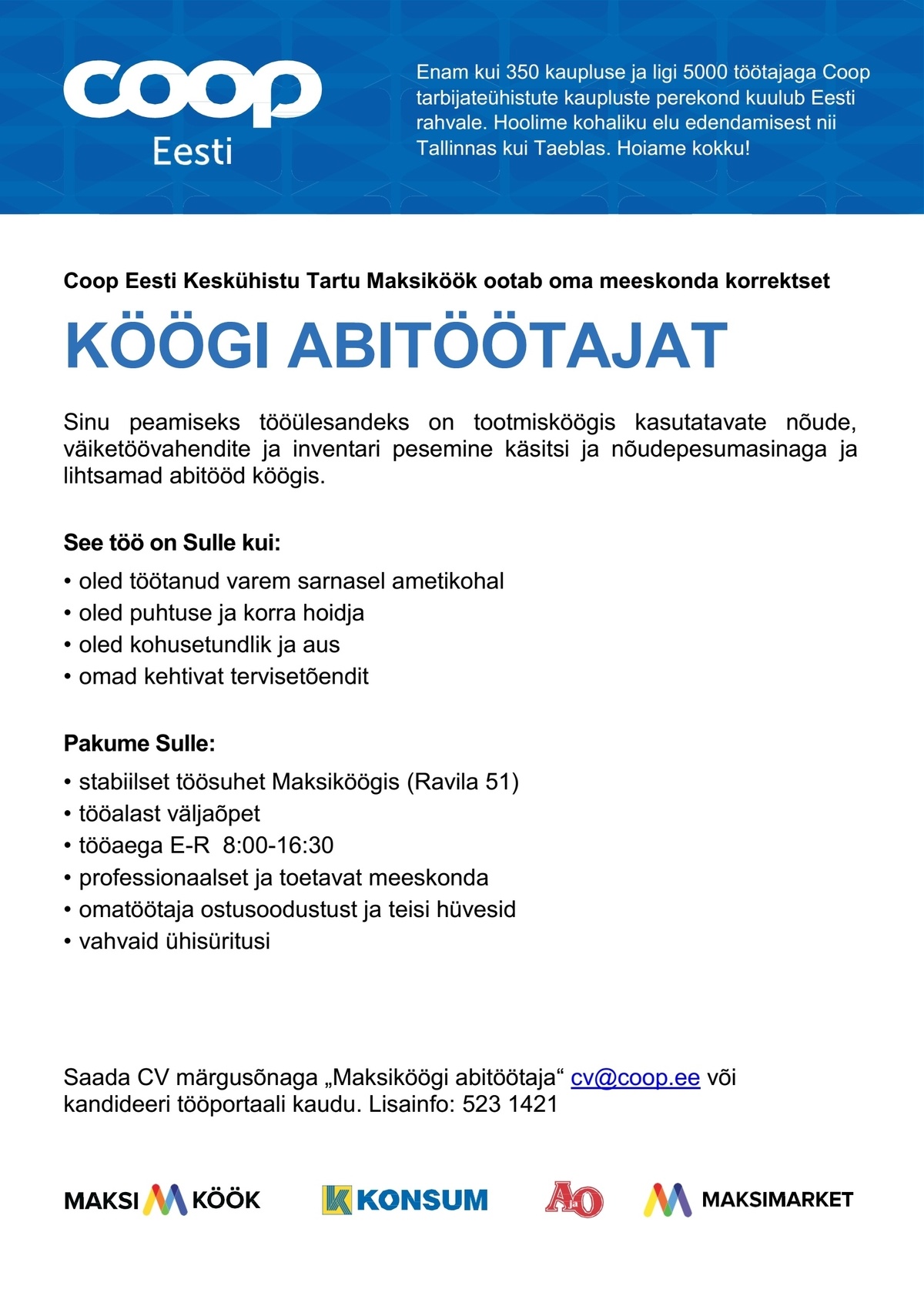 Coop Eesti Keskühistu Köögi abitöötaja (Maksiköök)