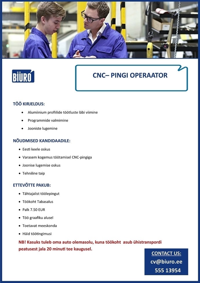 Biuro OÜ CNC-pingi operaator