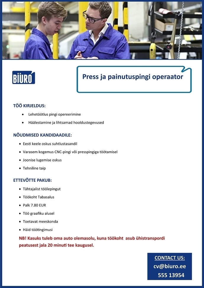 Biuro OÜ Press– ja painutuspingi operaator 