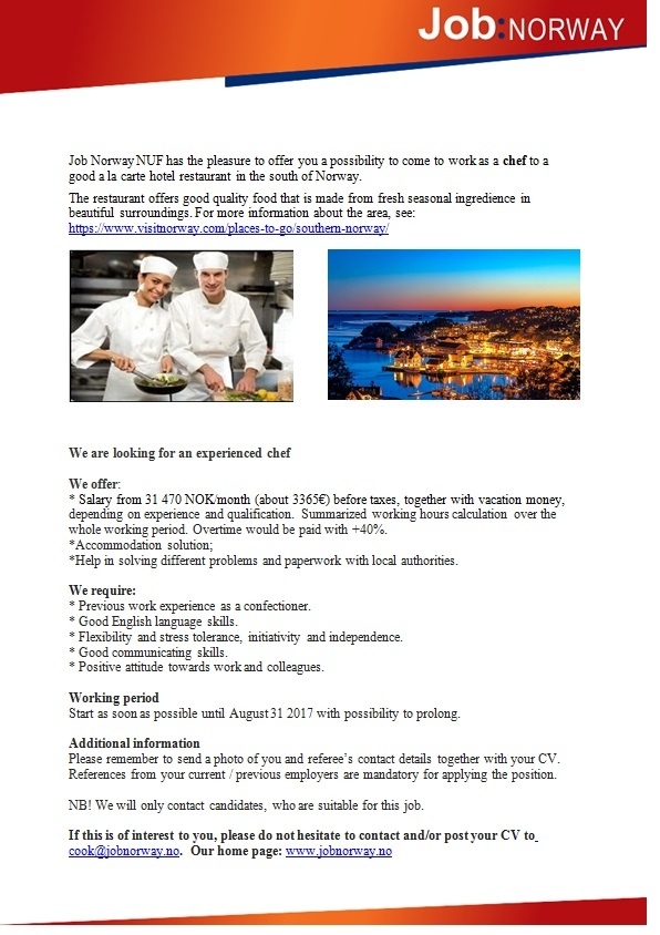 Job Norway OÜ Chef to a high standard hotel near Arendal