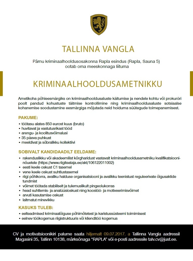 Tallinna Vangla Kriminaalhooldusametnik (Rapla esindus)