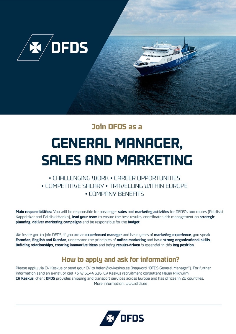 CV KESKUS OÜ DFDS is looking for a general manager - sales and marketing