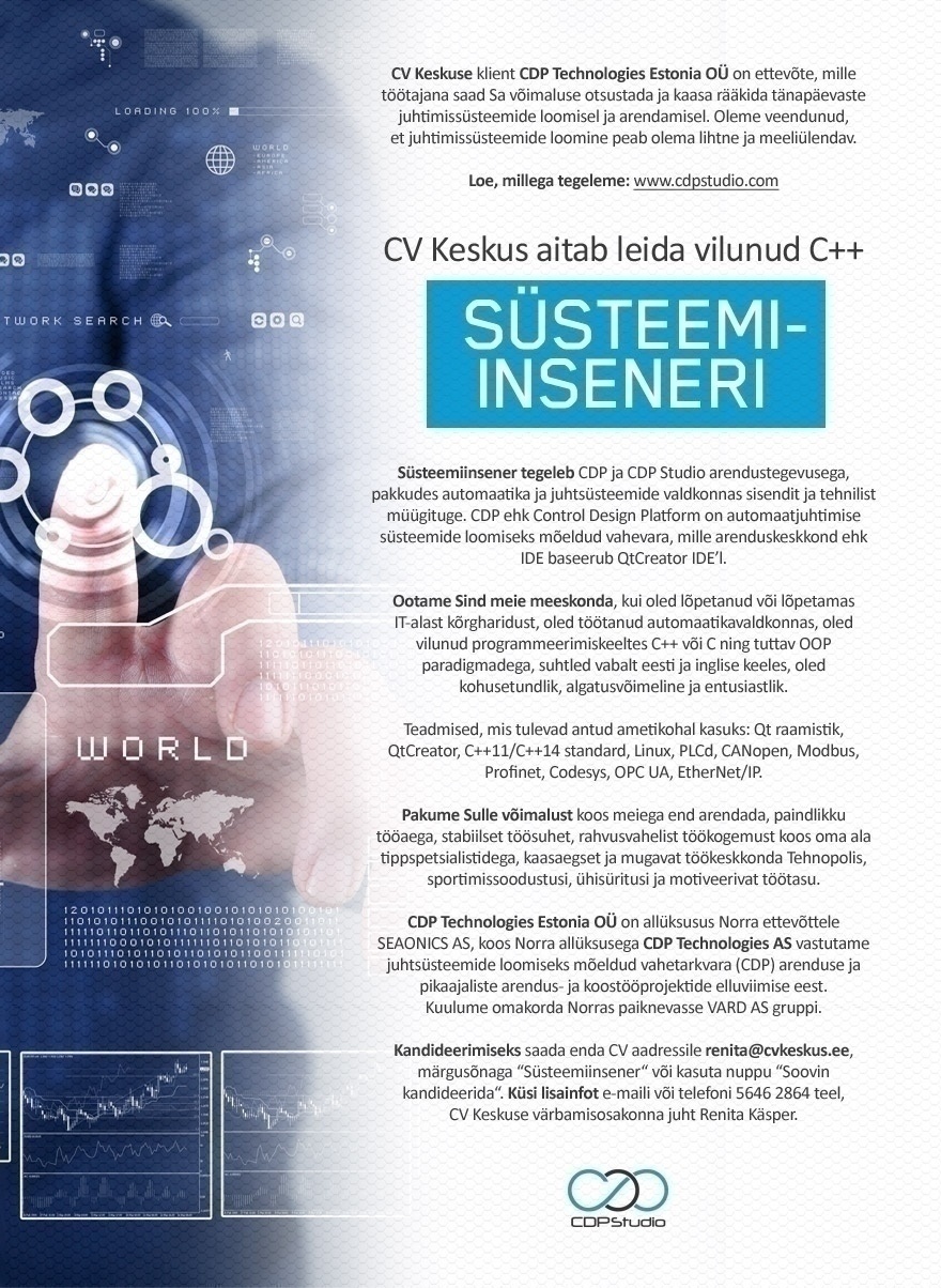 CV KESKUS OÜ CDP Technologies Estonia pakub tööd süsteemiinsenerile