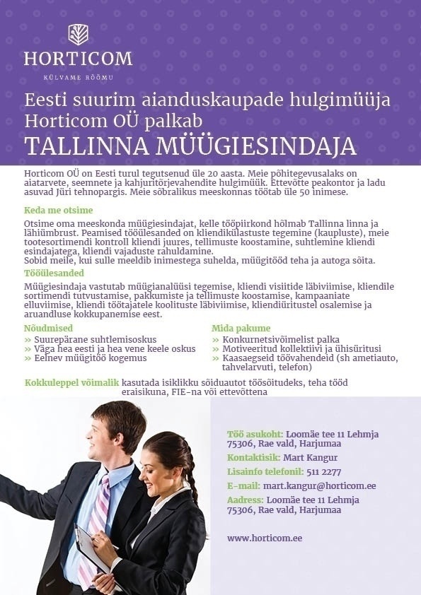 Horticom OÜ Tallinna müügiesindaja