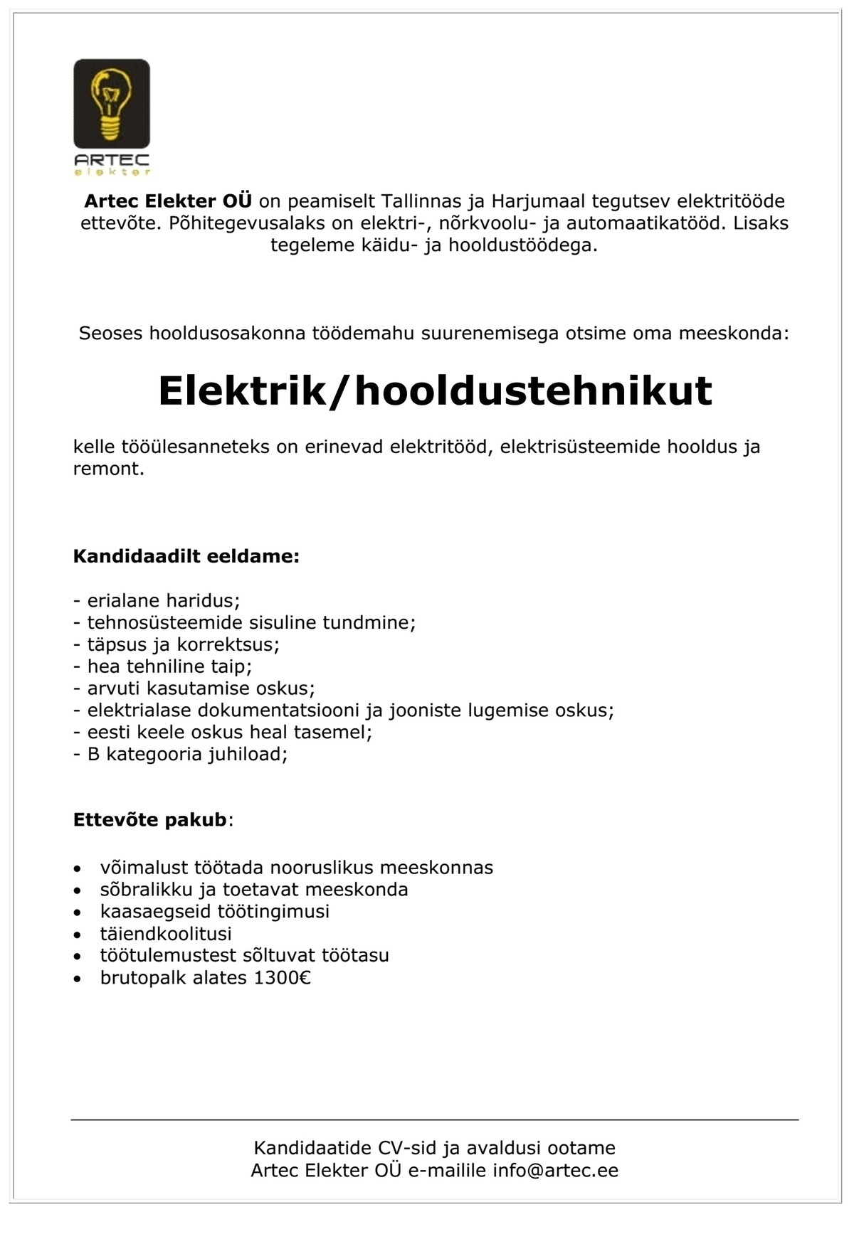 ARTEC ELEKTER OÜ Elektrik/ hooldustehnik