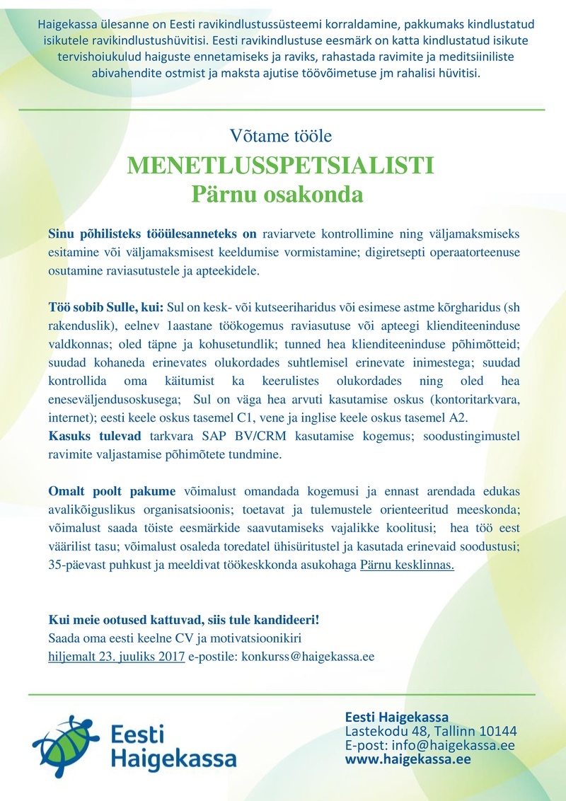 Eesti Haigekassa MENETLUSSPETSIALIST