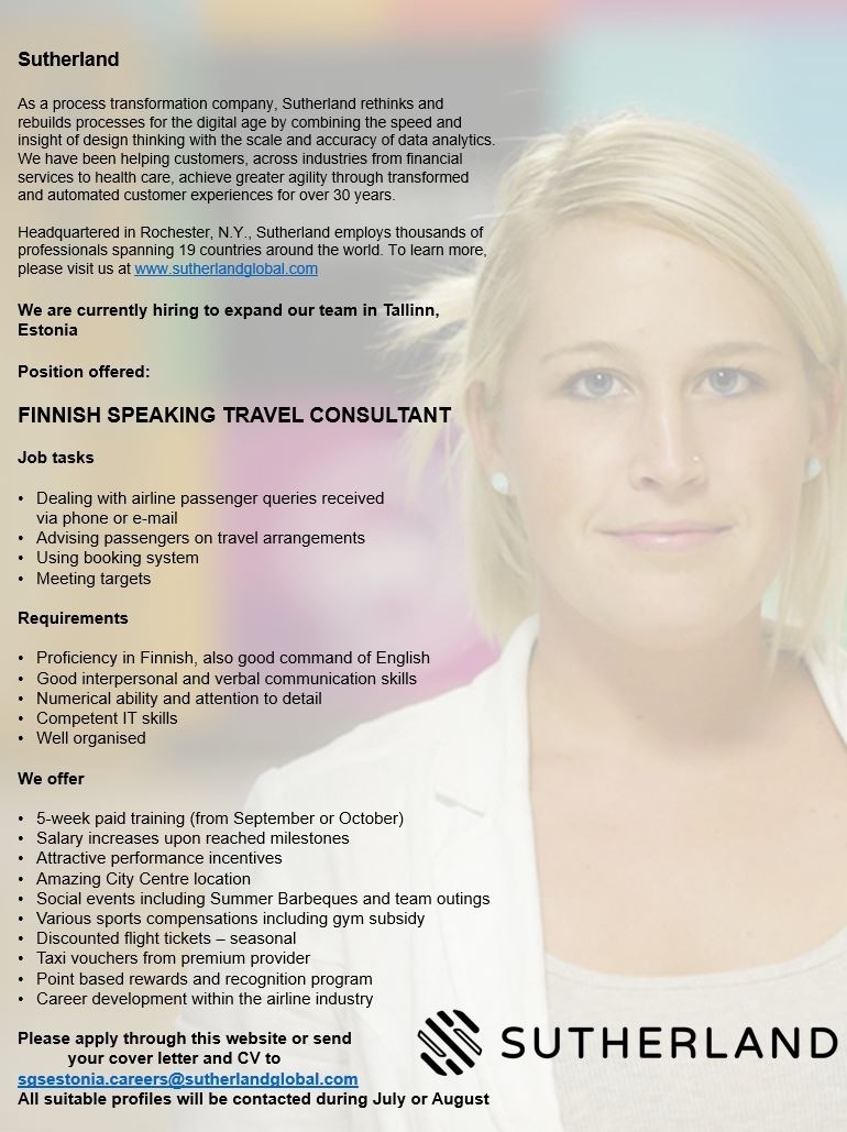 Sutherland Global Services OÜ Finnish speaking Travel Consultant