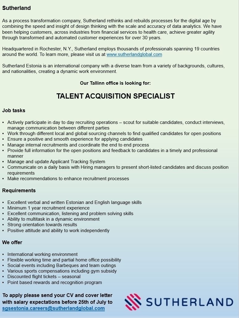 Sutherland Global Services OÜ Talent Acquisition Specialist
