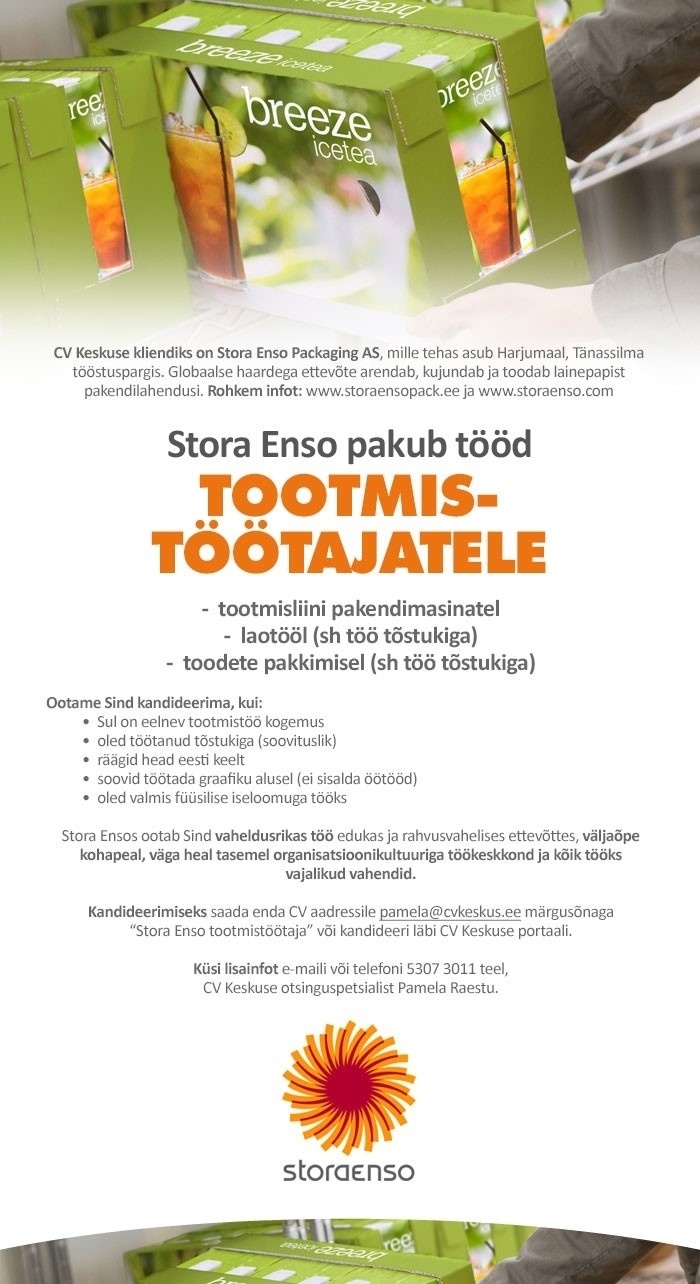 CV KESKUS OÜ Stora Ensos saavad tööd tootmistöötajad!