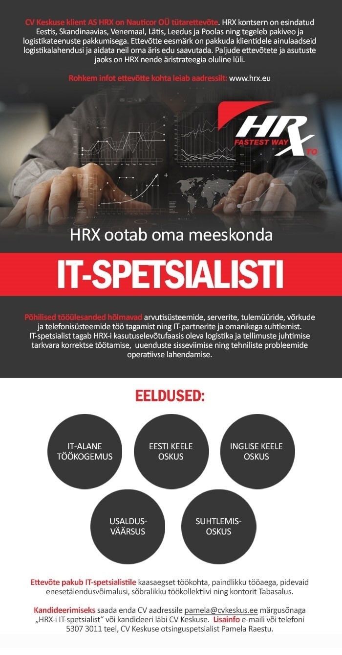 CV KESKUS OÜ HRX pakub tööd IT-spetsialistile