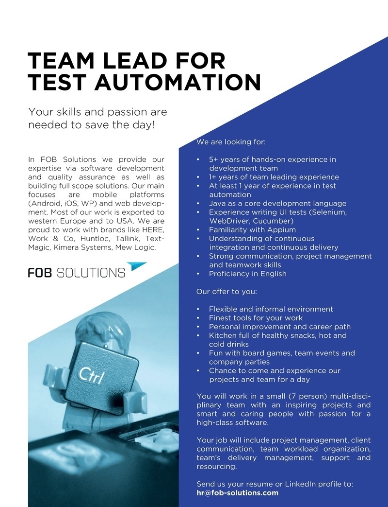 FOB Solutions OÜ Team Lead for Test Automation