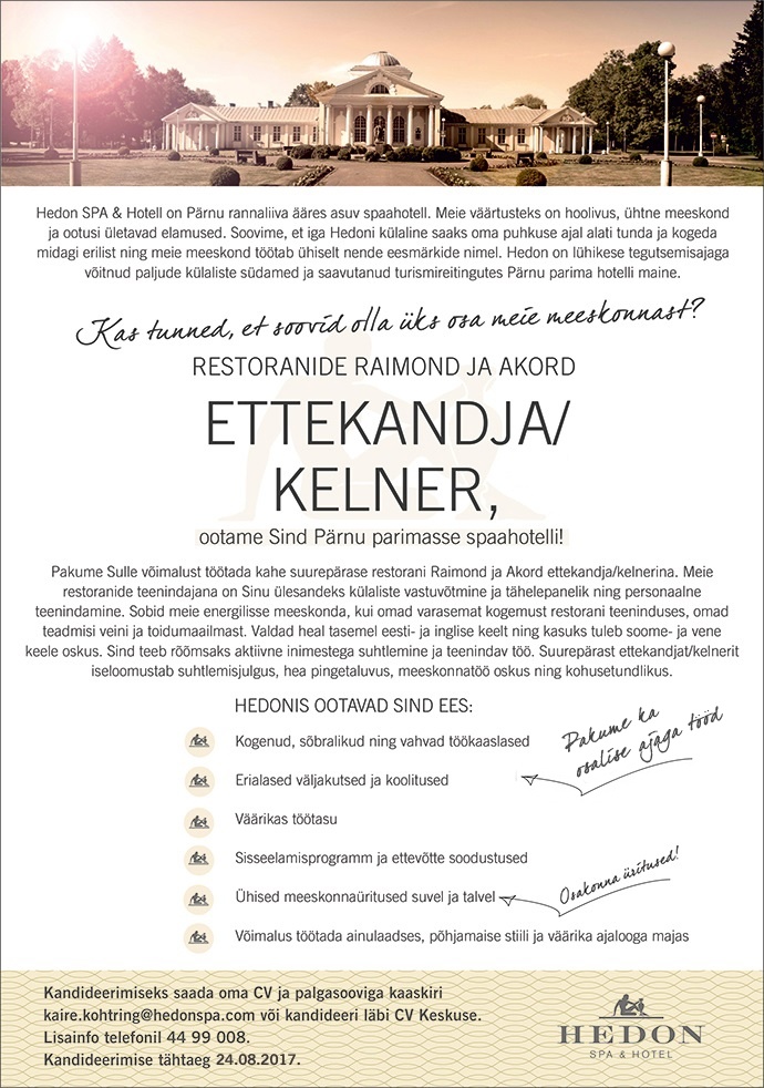 Supeluse Hotell OÜ Hedon SPA & HOTEL Ettekandja/ kelner