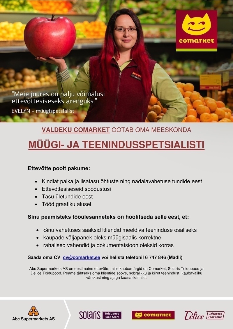Abc Supermarkets AS MÜÜGI- JA TEENINDUSSPETSIALIST Valdeku Comarketisse