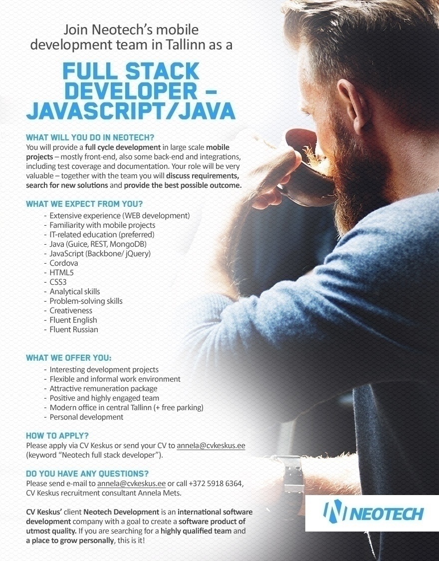 CV KESKUS OÜ Join Neotech as a Full Stack Developer - JavaScript/Java