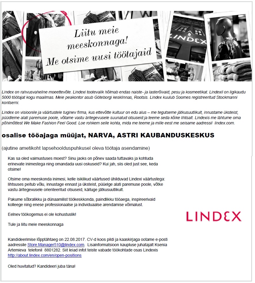 LINDEX EESTI OÜ Osalise tööajaga müüja, Narvas, Astri Kaubanduskeskuses