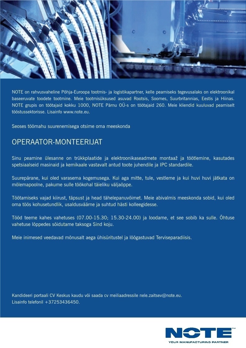 Note Pärnu OÜ Operaator- monteerija
