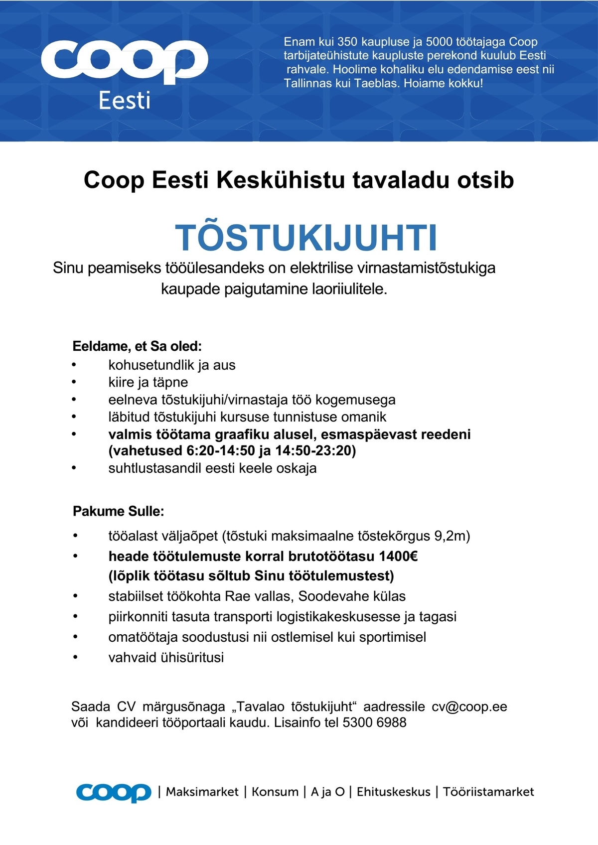 Coop Eesti Keskühistu Tõstukijuht (tavaladu)