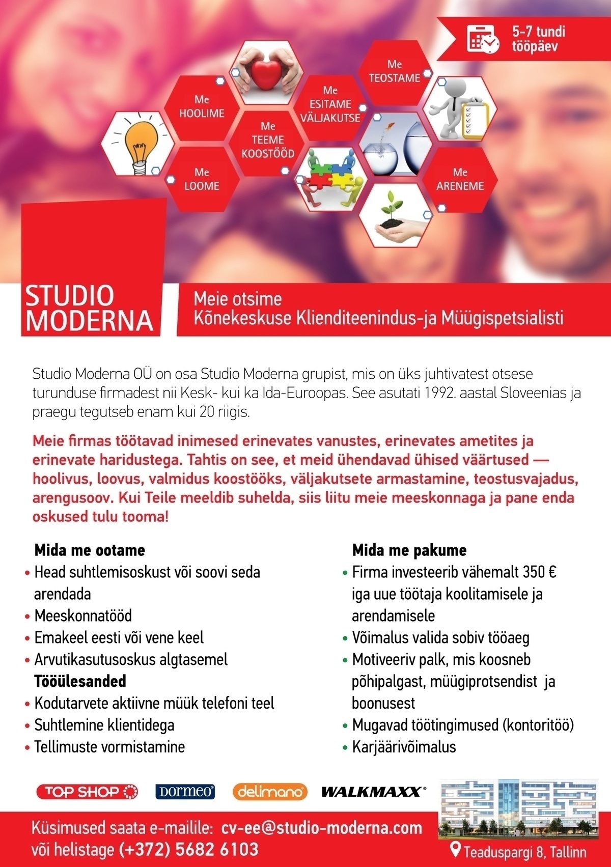 STUDIO MODERNA OÜ Klienditeeninduse ja müügi spetsialist