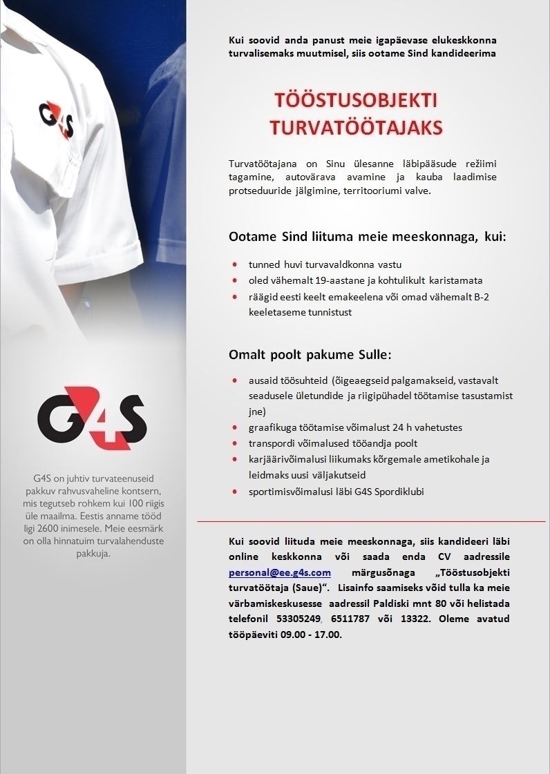 AS G4S Eesti Tööstusobjekti turvatöötaja (Saue)