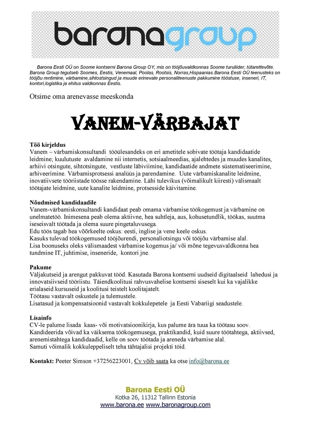 Barona Eesti OÜ Värbamiskonsultant