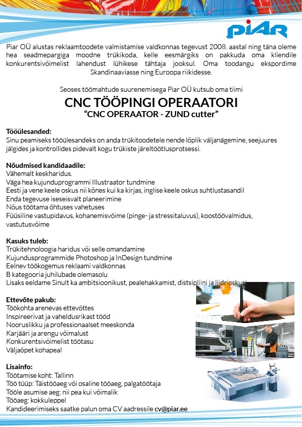 PIAR OÜ CNC Tööping Operaator (ZUND)