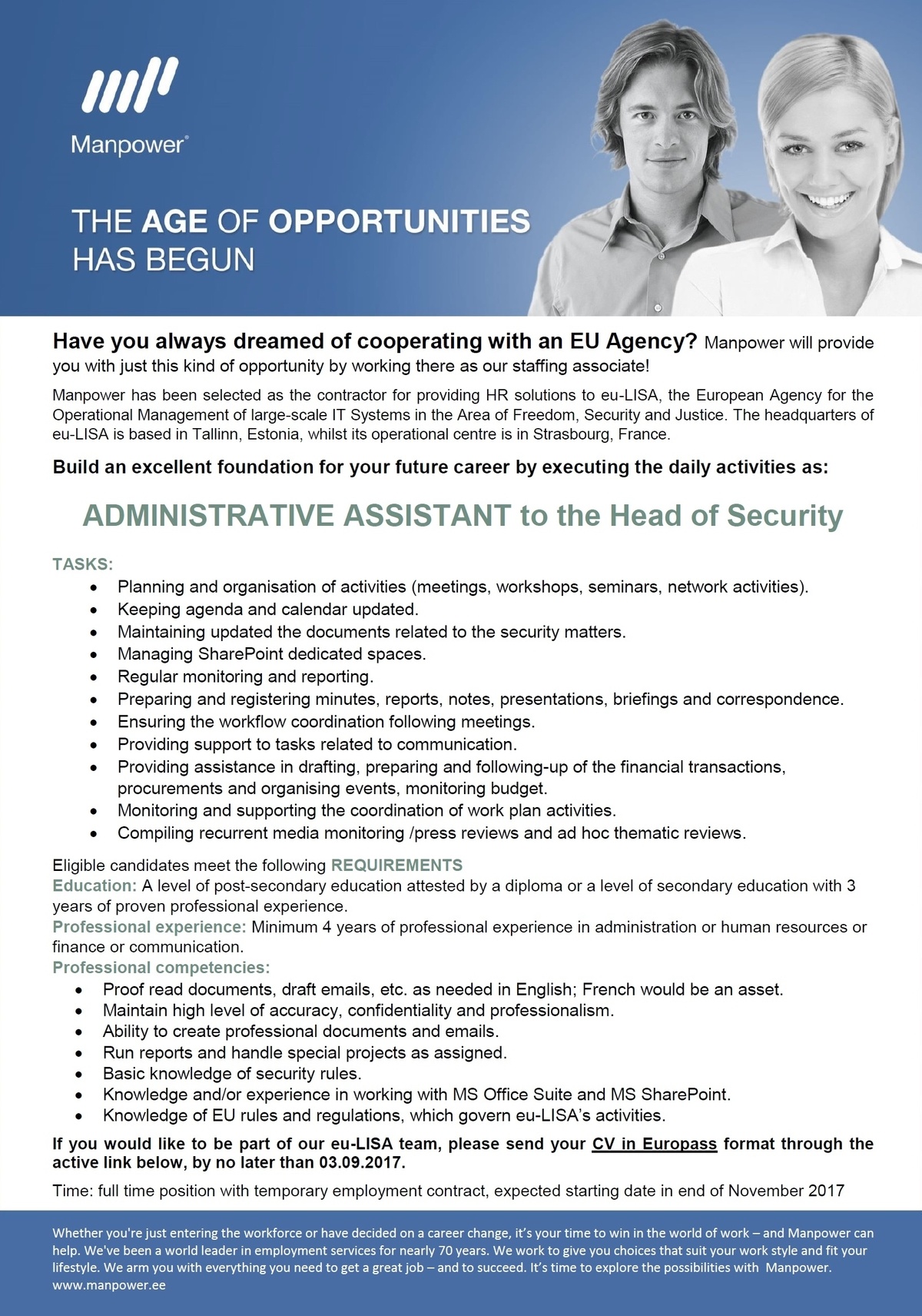 Manpower OÜ Eu-LISA: Administrative Assistant to the Head of Security