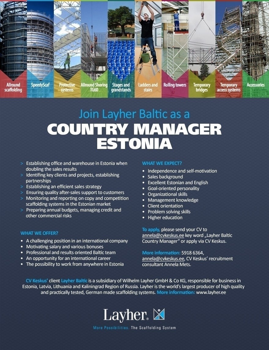 CV KESKUS OÜ Join Layher Baltic as a Country Manager Estonia