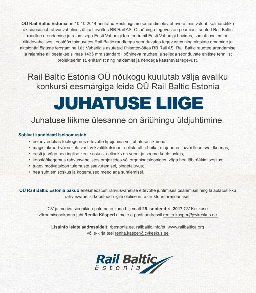 CV KESKUS OÜ Juhatuse liige (OÜ Rail Baltic Estonia)