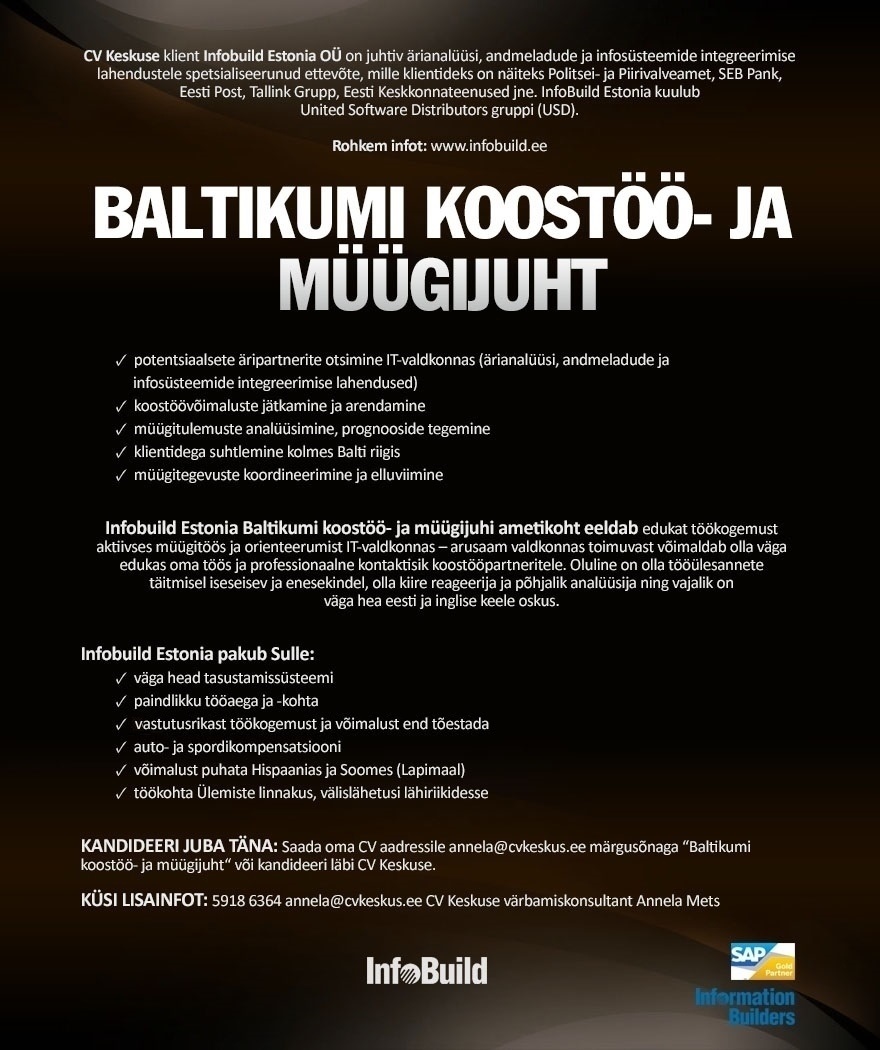 CV KESKUS OÜ Baltikumi koostöö- ja müügijuht Infobuild Estonias