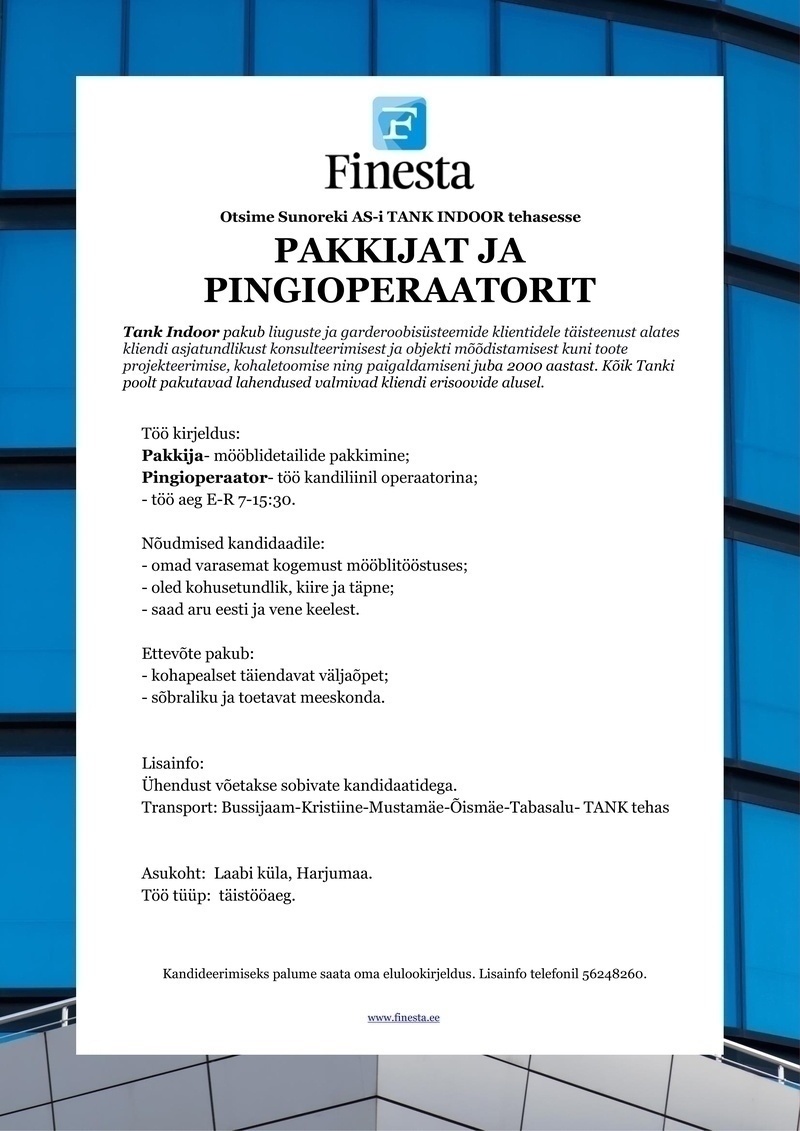 Finesta Baltic OÜ Pakkija ja pingioperaator (E-R transpordiga)