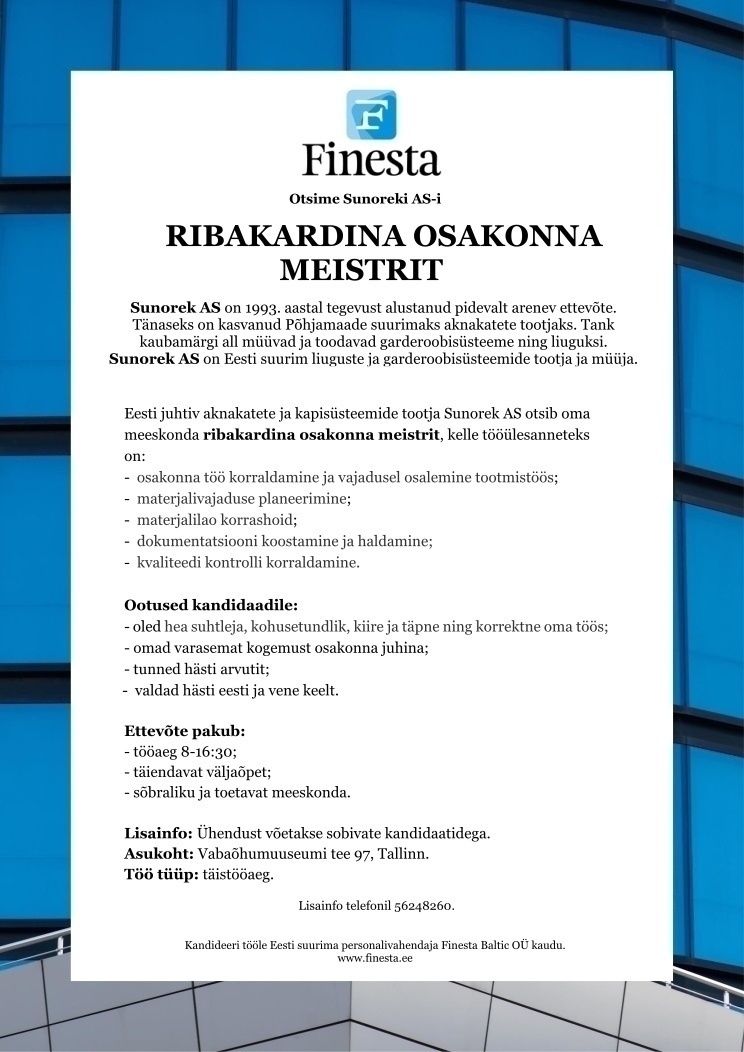 Finesta Baltic OÜ Ribakardina osakonna meister
