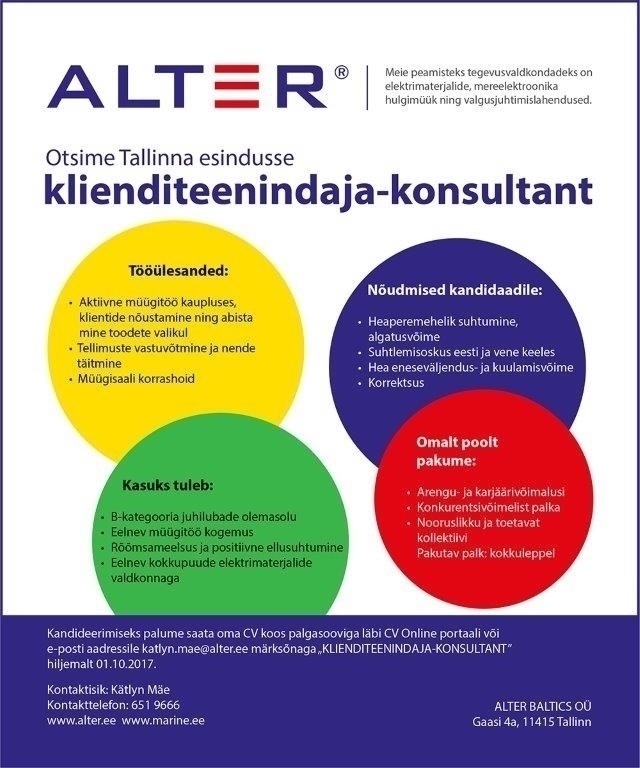 Alter Baltics OÜ Klienditeenindaja - konsultant