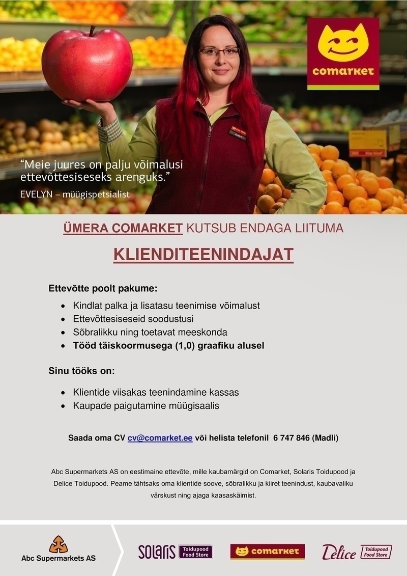 Abc Supermarkets AS KLIENDITEENINDAJA Tartu Ümera Comarketisse