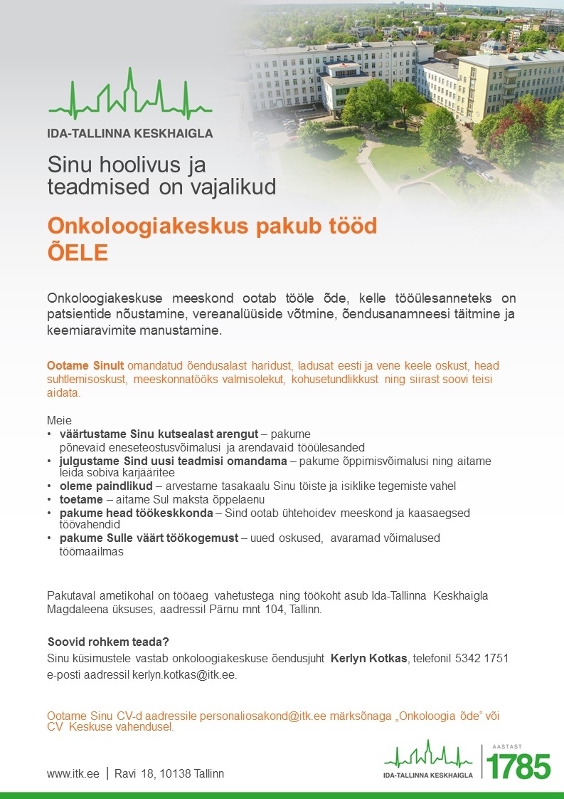 Ida-Tallinna Keskhaigla AS Õde onkoloogiakeskusesse