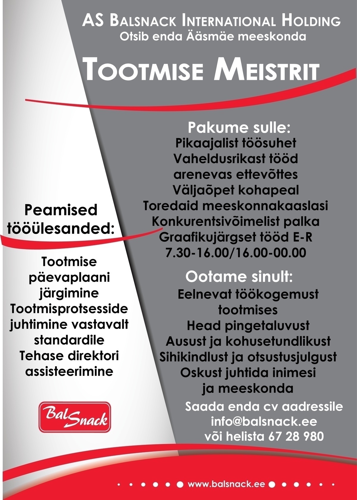 Balsnack International Holding AS Tootmise meister