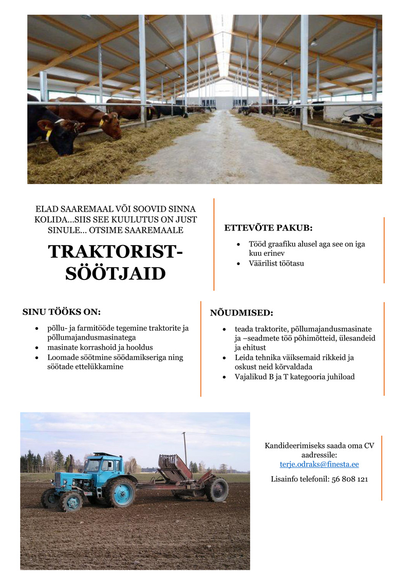 Finesta Baltic OÜ Traktorist-söötja (Saaremaale)