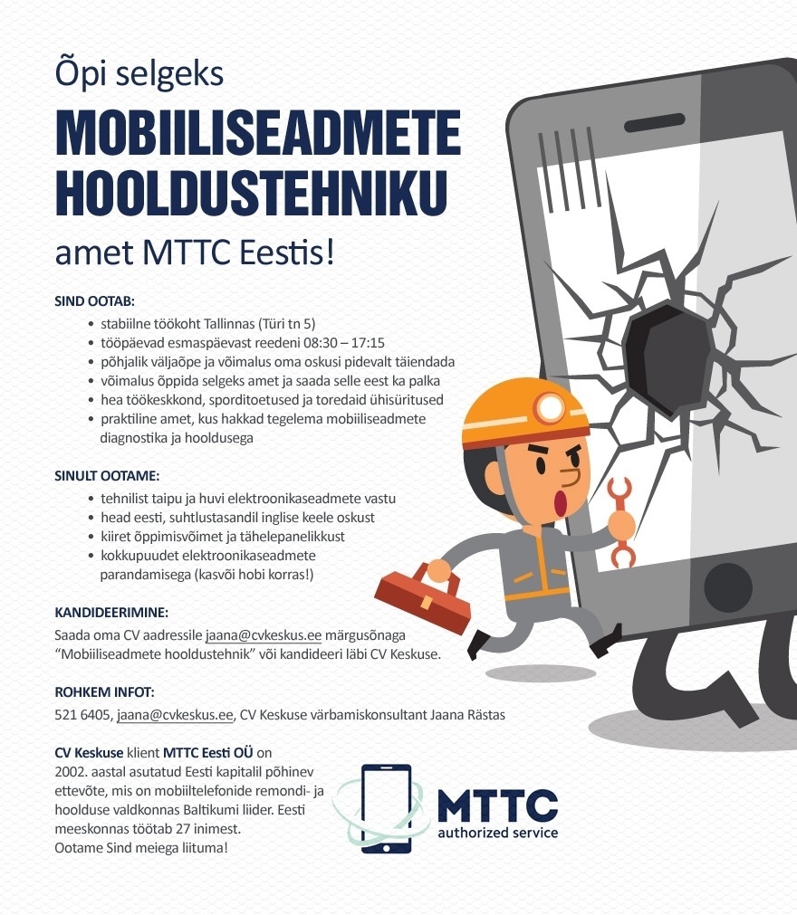 CV KESKUS OÜ Õpi selgeks mobiiliseadmete hooldustehniku amet MTTC Eestis!
