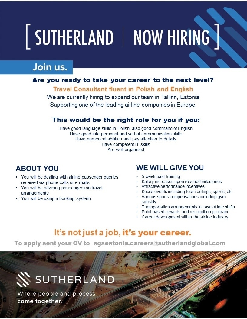 Sutherland Global Services OÜ Polish speaking travel consultant