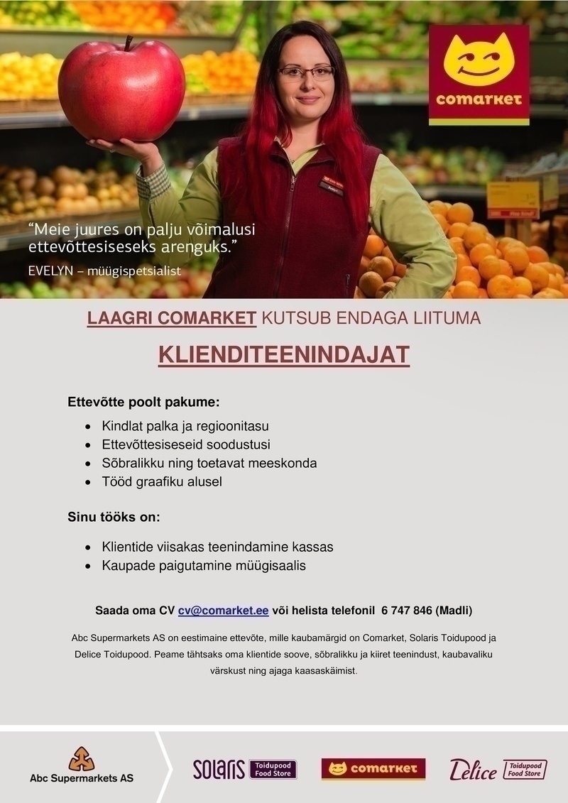 Abc Supermarkets AS KLIENDITEENINDAJA Laagri Comarketisse 