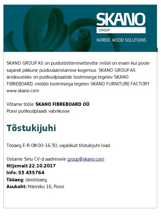 Skano Fibreboard OÜ Tõstukijuht