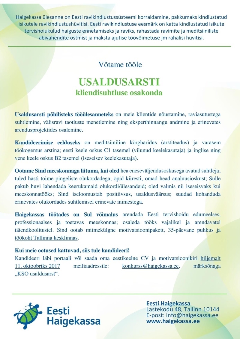 Eesti Haigekassa USALDUSARST kliendisuhtluse osakonda