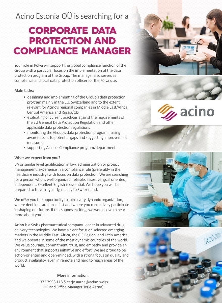 Acino Estonia OÜ Corporate Data Protection and Compliance Manager