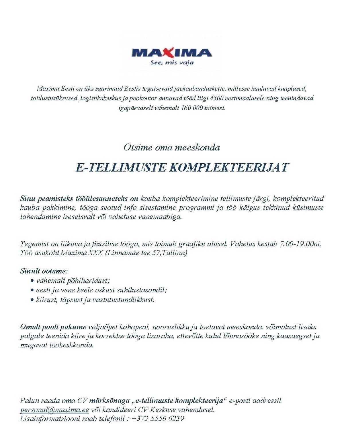 Maxima Eesti OÜ E-tellimuste komplekteerija / Lasnamäe