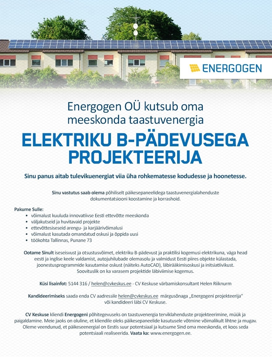 CV KESKUS OÜ Elektriku B-pädevusega projekteerija (Energogen OÜ)