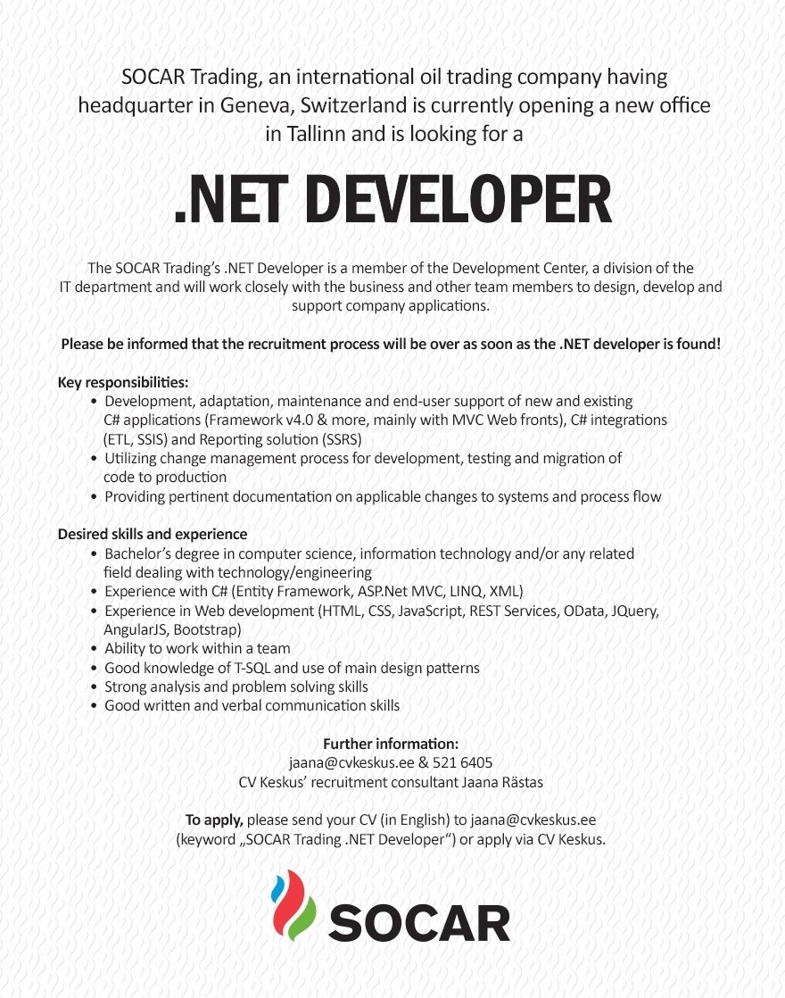 CV KESKUS OÜ SOCAR Trading is looking for a .Net developer