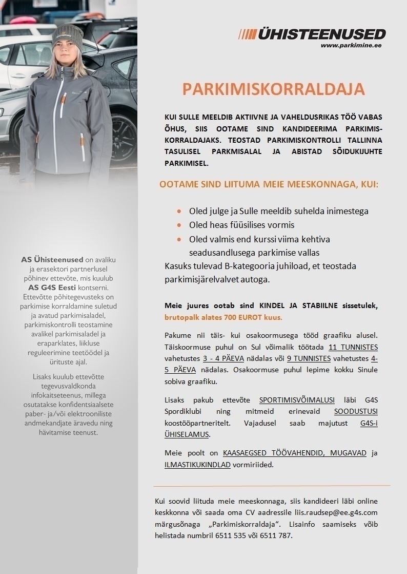 AS Ühisteenused Parkimiskorraldaja, palk alates 700 eurot kuus