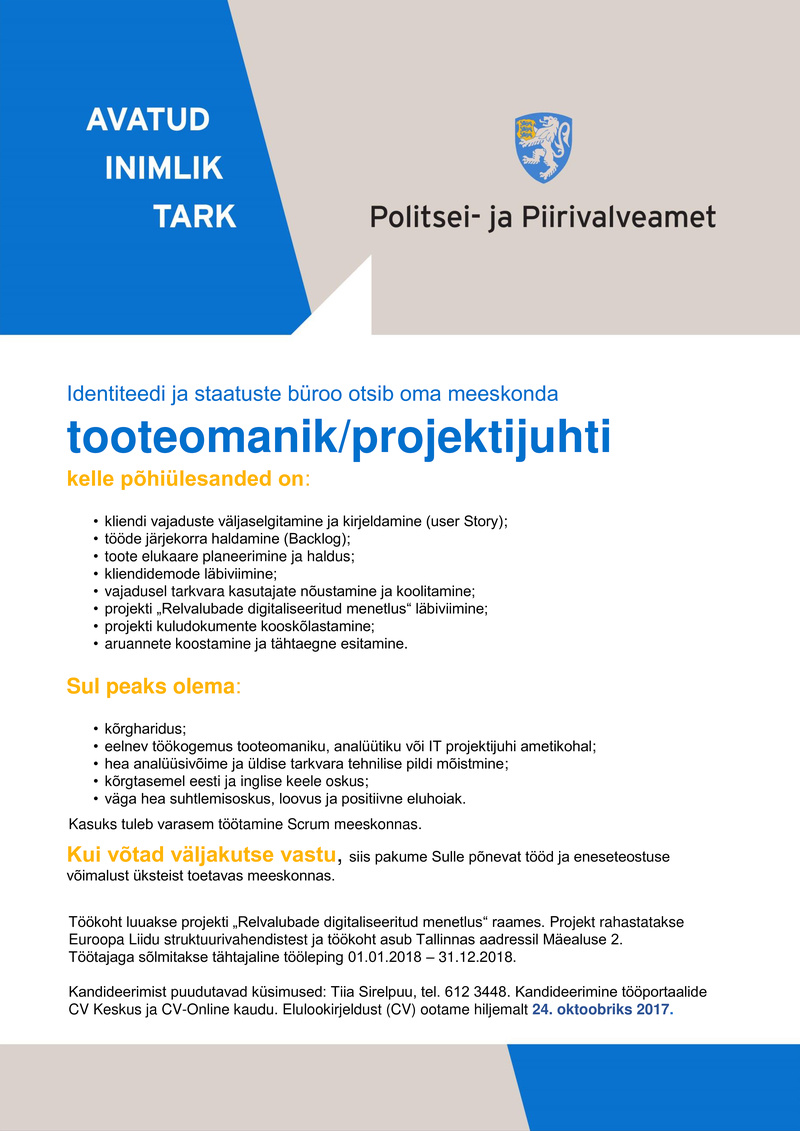 Politsei- ja Piirivalveamet Tooteomanik/projektijuht