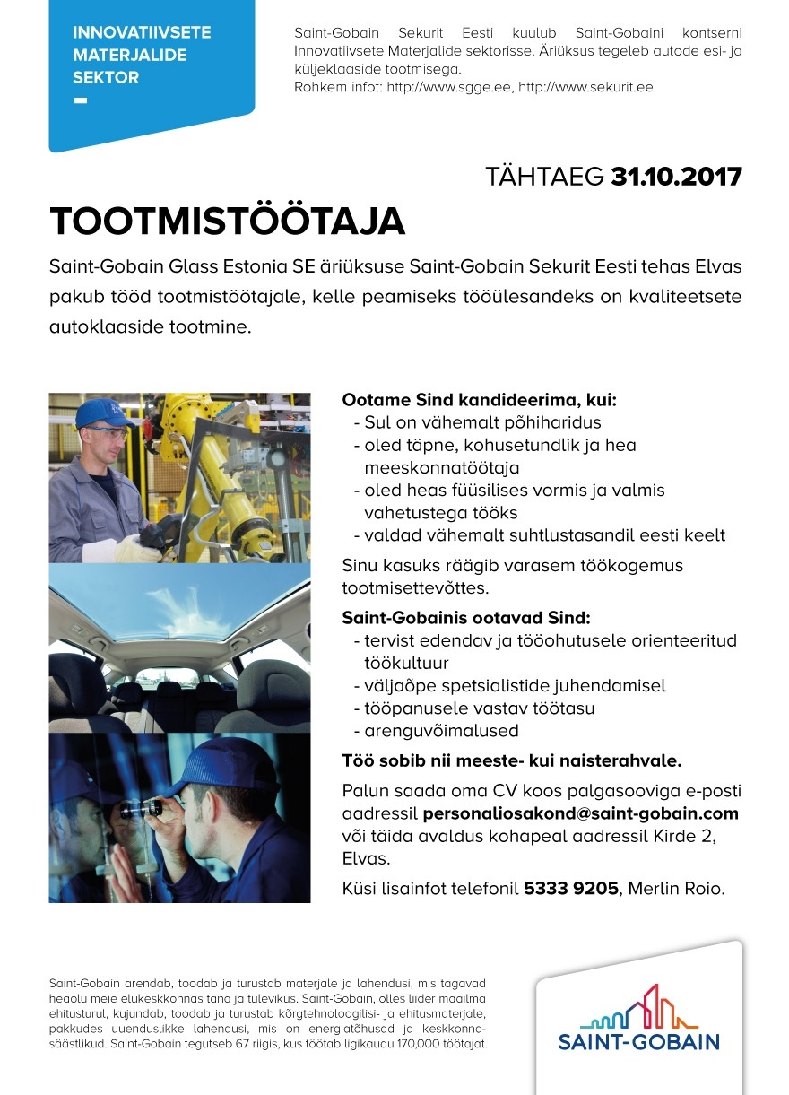 SAINT-GOBAIN GLASS ESTONIA SE Tootmistöötaja (Elvas)